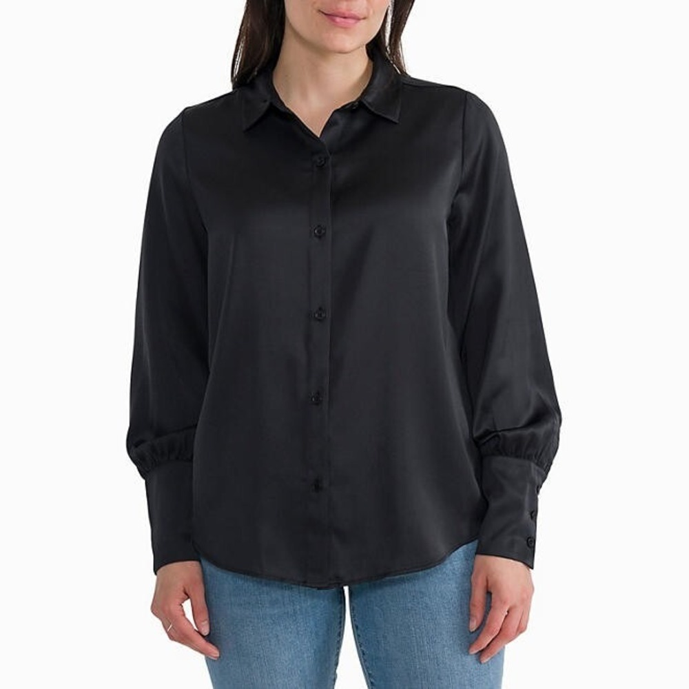 Joie Limited Edition Ladies Black Satin Blouse Size L Long Sleeve Button Front